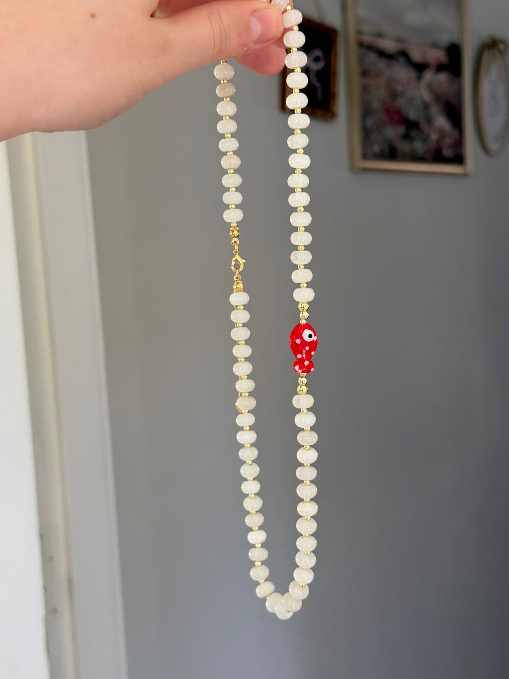 White gold plated natural stone necklace with porcelain fish charm