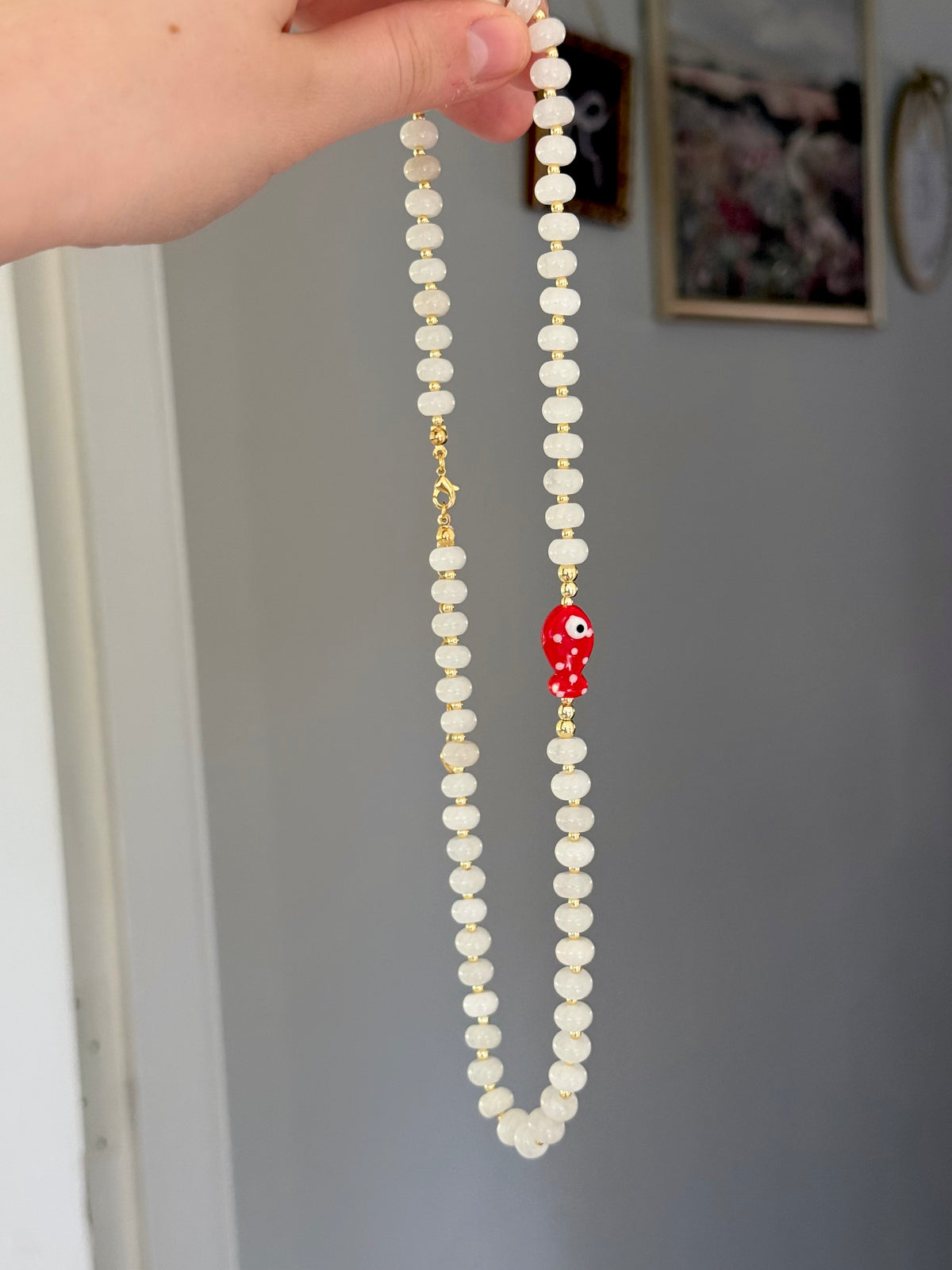 White gold plated natural stone necklace with porcelain fish charm