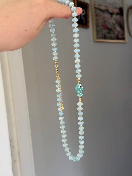 Blue gold plated natural stone necklace with porcelain fish charm