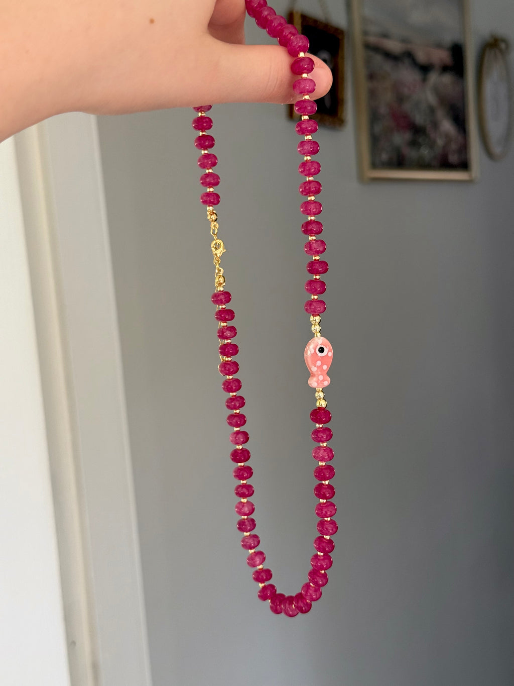 Pink gold plated natural stone necklace with porcelain fish charm