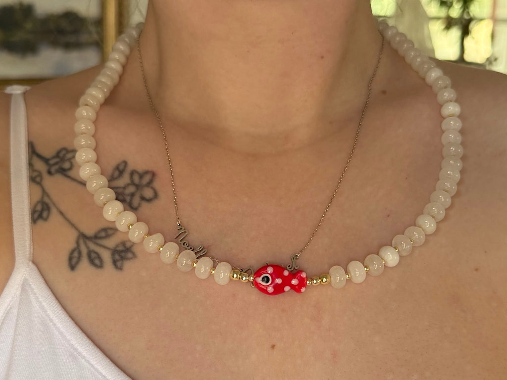 White gold plated natural stone necklace with porcelain fish charm