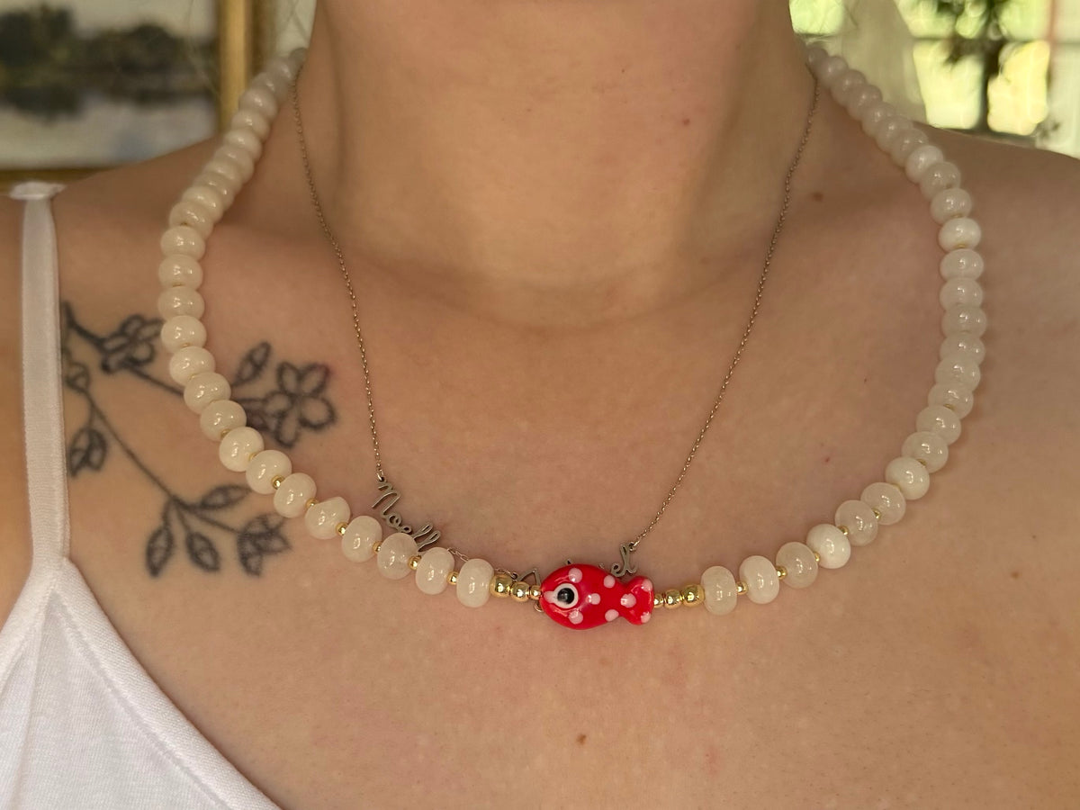 White gold plated natural stone necklace with porcelain fish charm