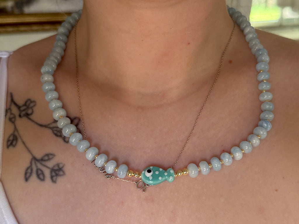 Blue gold plated natural stone necklace with porcelain fish charm