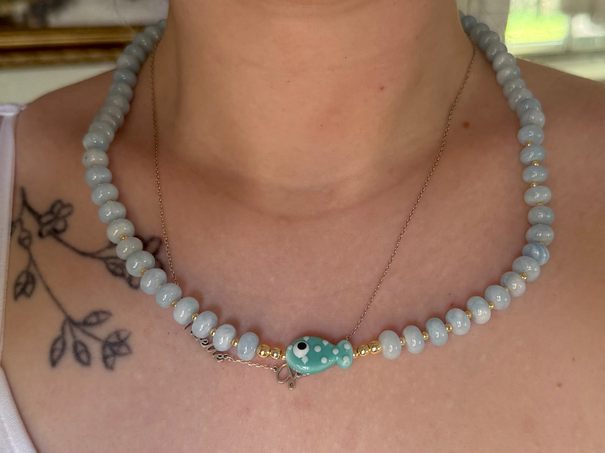 Blue gold plated natural stone necklace with porcelain fish charm