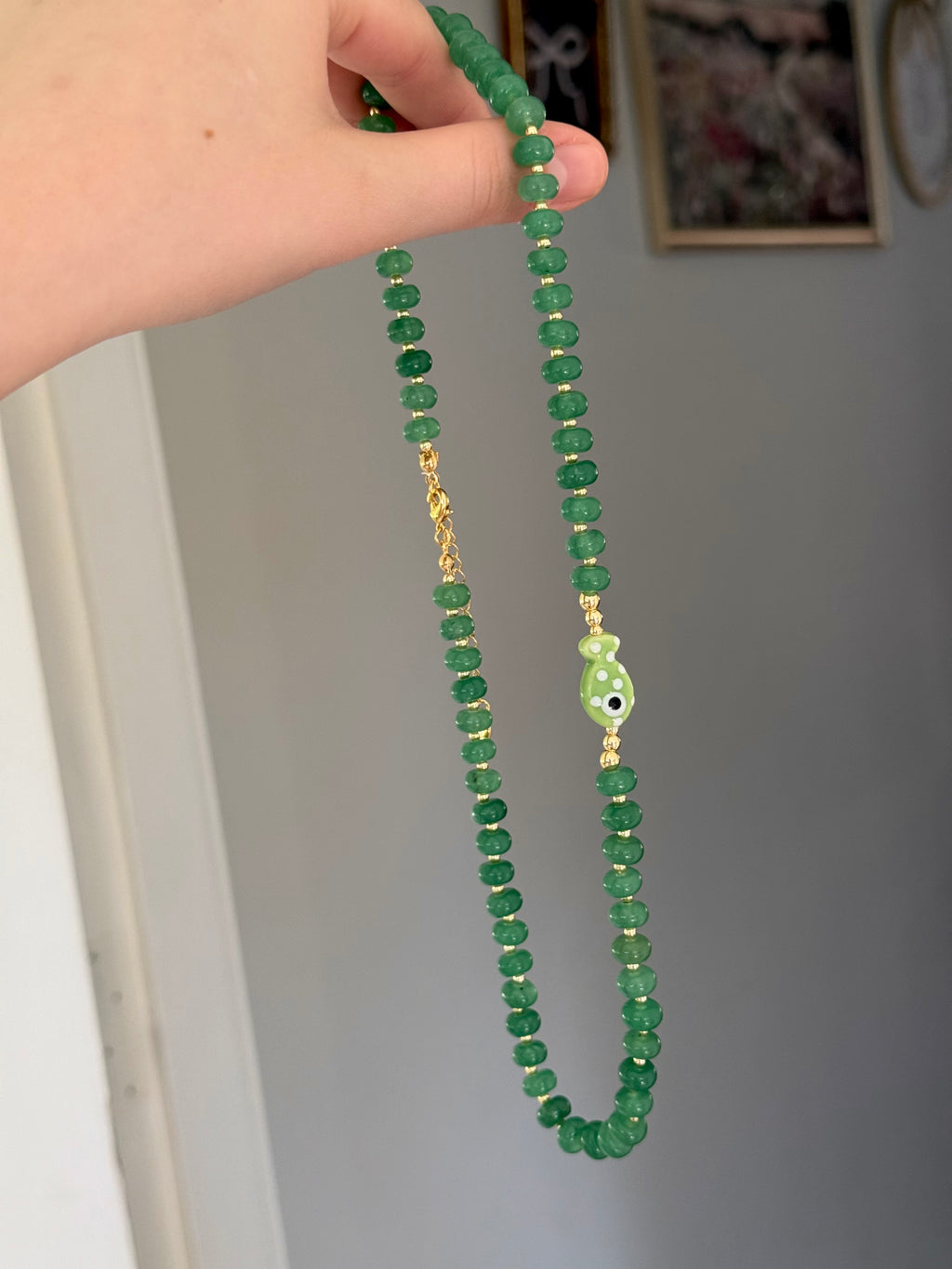 Green gold plated natural stone necklace with porcelain fish charm